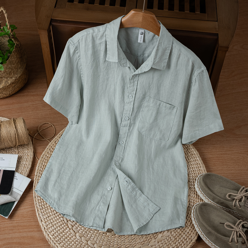 Ma Shang Life Pure Linen Summer New Short Sleeve Pocket Shirt Men's Lapel Shirt Casual Breathable Top Thin