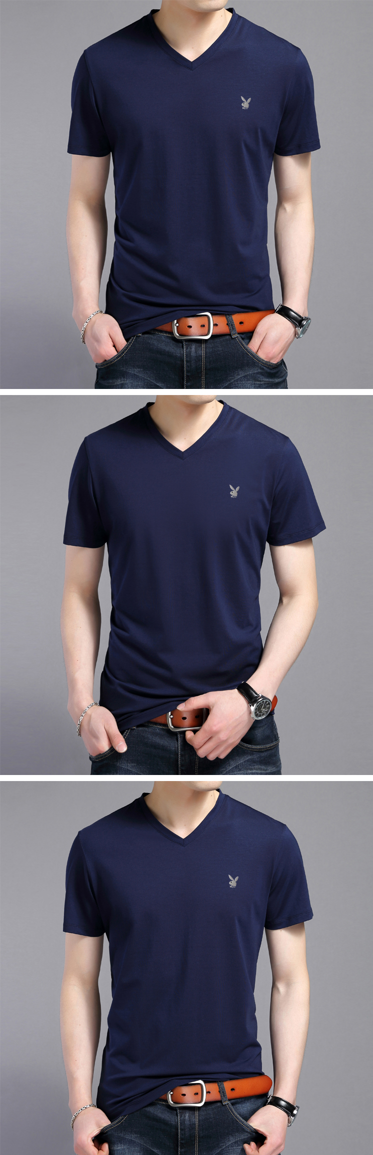 Áo thun Playboy nam ngắn tay cotton cổ chữ V Slim trung tính gà cổ áo sửa chữa áo sơ mi body rắn màu V cổ nam áo thun burberry