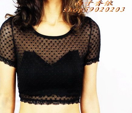 Half-Round Neck Short-Sleeved Lace Top, Axiangyi 2016 Spring/Summer New Ultra-Short Thin Base Shirt, Large Size
