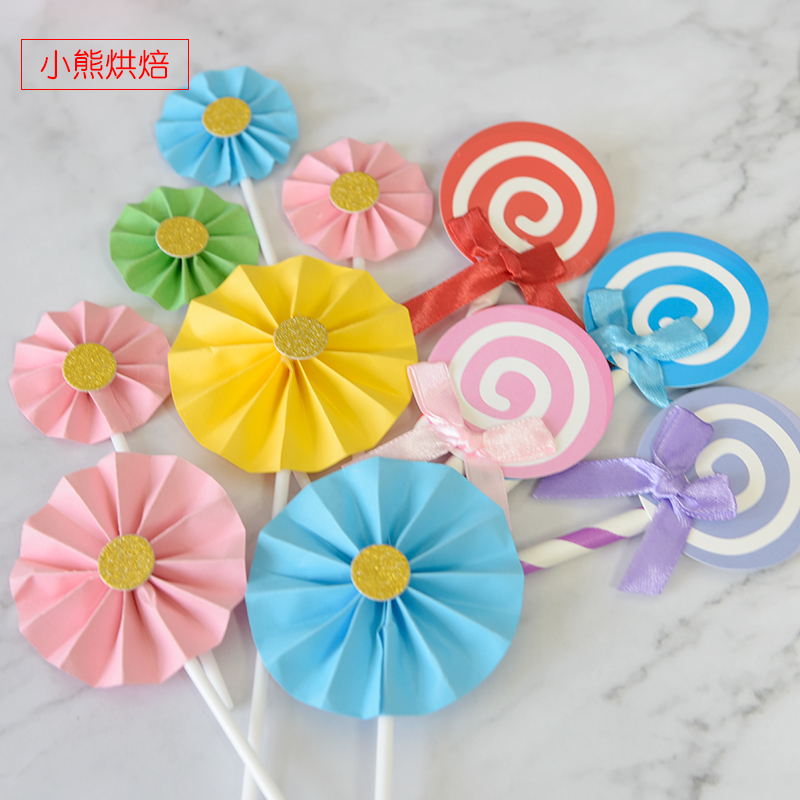 Birthday Cake Decorating Mini Paper Fan Flower Sunflower Flag Bow Lollipop Party Cards Pack of 6
