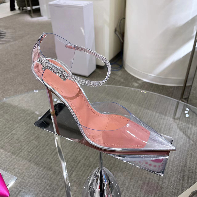 Transparent Rhinestone Stiletto High Heels 2025 Summer New Style Socialite Style Pointed Toe Shallow Mouth Ankle Strap Closed-Toe Sandals
