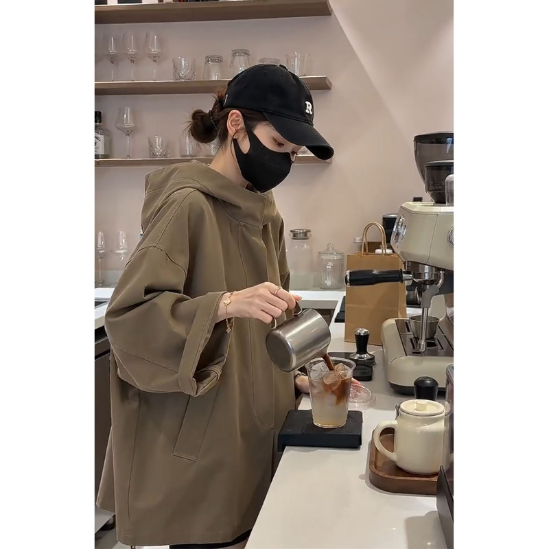 Korean-Style Simple Hooded Trench Coat for Petite Women, 2026 Autumn New High-End Fashion Parka