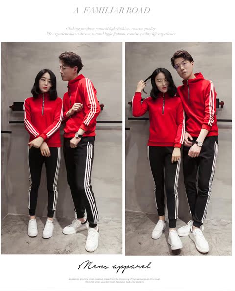 Các cặp đôi xuân hè 2019 mới mặc trang phục thể thao nam phù hợp với nữ phiên bản Hàn Quốc của áo len giản dị trùm đầu hai mảnh phù hợp với Slim - Thể thao sau bộ đồ the thao nữ adidas