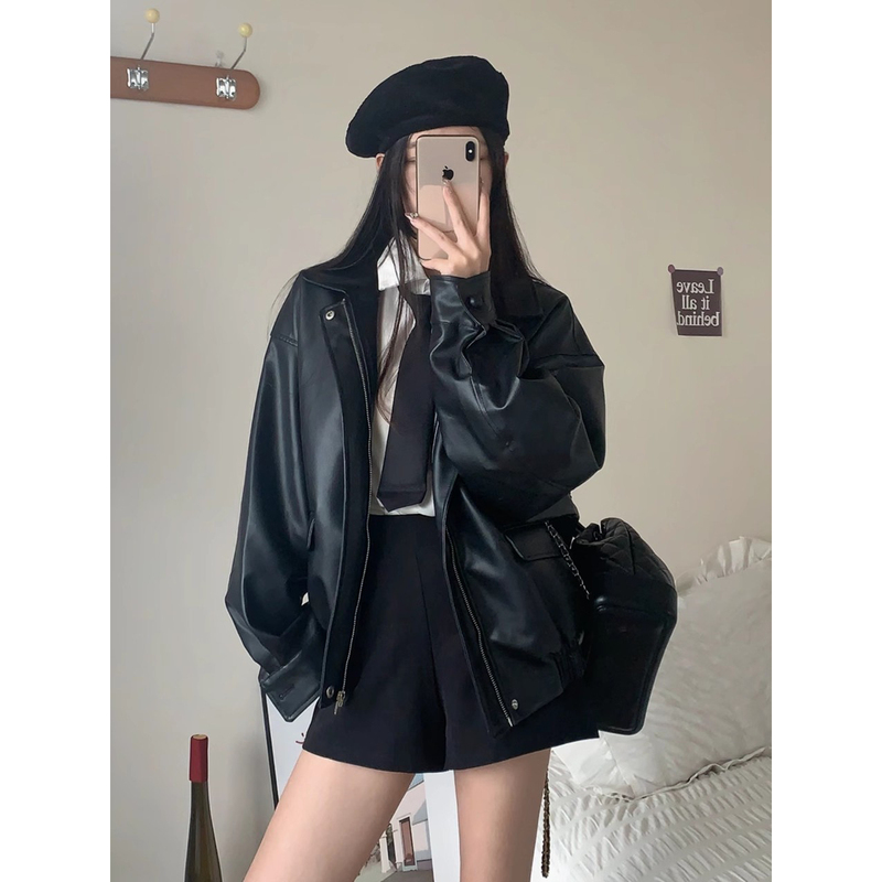Vintage Brown Leather Jacket for Women, Short Style, 2025 Spring and Autumn, Petite Korean Version, Loose Leather Jacket, Stylish Biker Jacket Vintage Brown Leather Jacket for Women, Short Style, 2025 Spring and Autumn, Petite Korean Version, Loose Leather Jacket, Stylish Biker Jacket