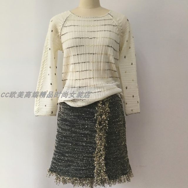 Celebrity Satin Dyed Yarn Gold Silk 2018 Spring New Pearl Shirt Long Sleeve Slim Women's T Bright Silk Inlaid Tassel Skirt