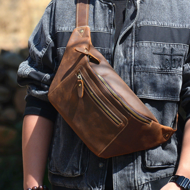 New retro old men's bag crazy horse leather big chest bag cowhide messenger bag large capacity shoulder bag genuine leather trendy bag