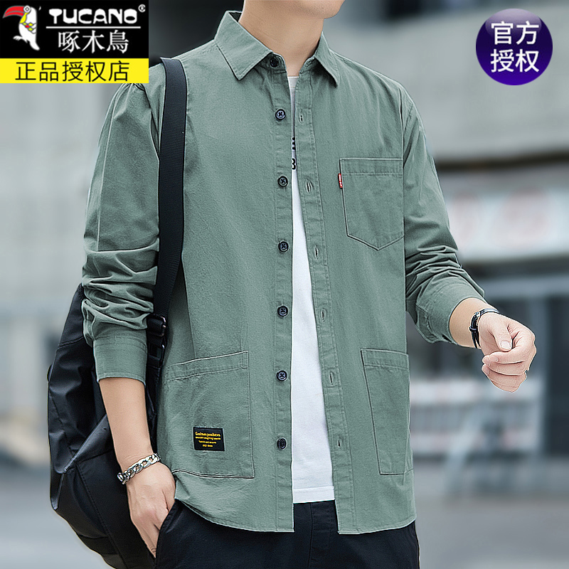 Woodpecker Genuine 100% Cotton Men's Long-Sleeved Casual Shirt Loose Workwear Jacket Men's Shirt Men's Top
