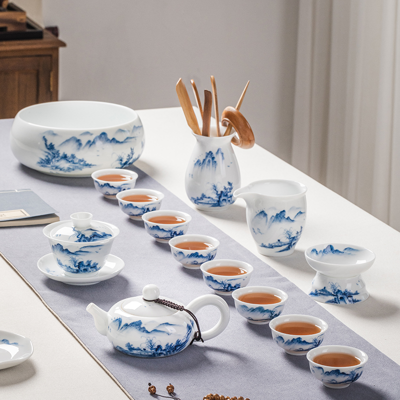 Retro white porcelain kung fu tea set household teapot cover cup ceramic hand-painted mountain water sending people