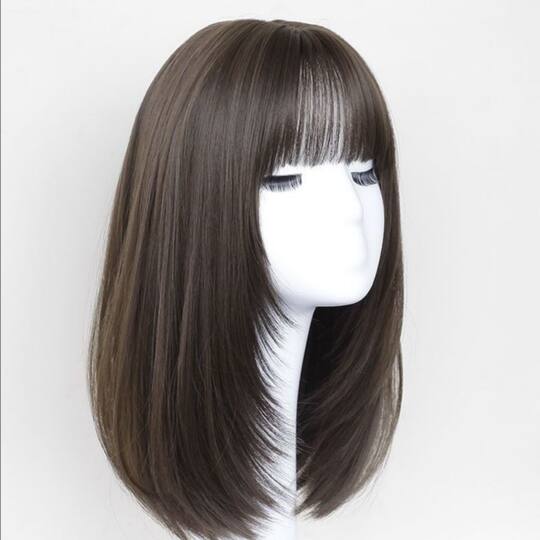 Wig for women with medium-long hair, natural and realistic air bangs, clavicle hair wig, natural girl full headband with inner buckle