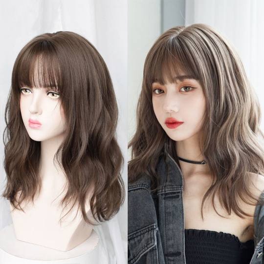 Wig for women with short curly hair, natural girl with medium and long hair, wool curly wig, bangs and clavicle short hair