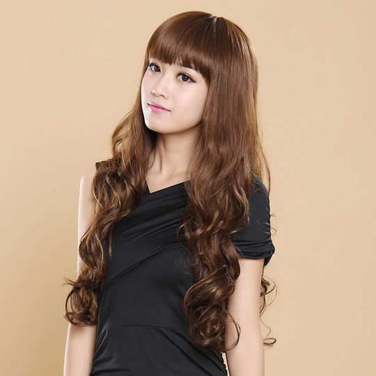 Korean lady's wig with long curly hair and oblique bangs, big waves, fluffy, realistic waves, natural curls, full headgear