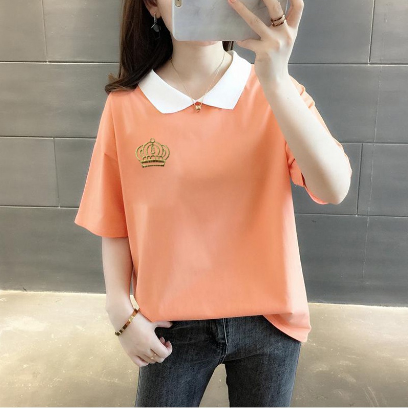 30 thêu gió đại học mùa hè POLO cổ áo top sinh viên giả hai mảnh áo thun phụ nữ nis loose-fitting Hàn Quốc phiên bản của thủy triều.