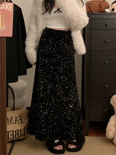 Дизайнерские осенние блестки для ногтей, поясная сумка, длинная юбка, тренд сезона, высокая талия, рыбий хвост