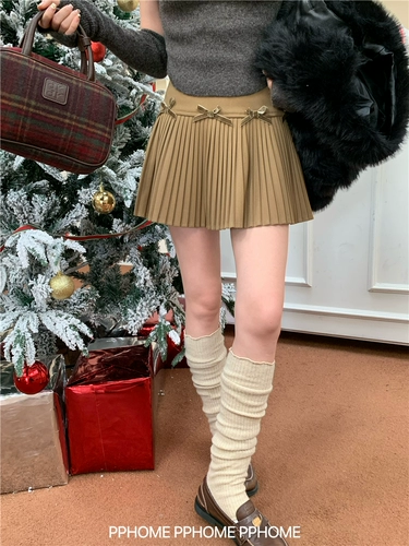 Шерстяная зимняя юбка в складку с бантиком, высокая талия