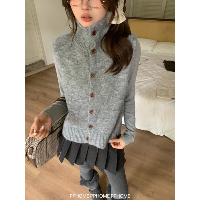 Pphome Self-Made~High School Senior Style Two-Way Wear Lapel Stand Collar Knitted Vest for Women, Autumn/Winter Buttoned Sleeveless Top