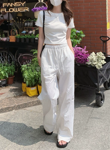 PPHOME甜欲绵绵~辣妹短款百搭白色短袖+ins风白色宽松阔腿直筒裤