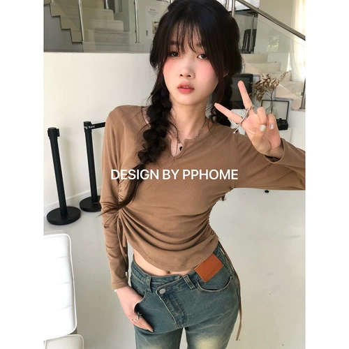 Лонгслив, короткий корсет, осенний, V-образный вырез, на шнурках, облегающий крой, в обтяжку