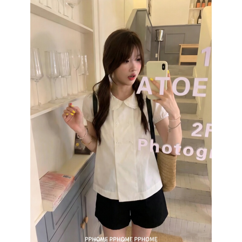 Pphome Homemade~Peter Pan Girl Style White Shell Button Double-Breasted Shirt with Ruffled Collar Doll Shirt Top