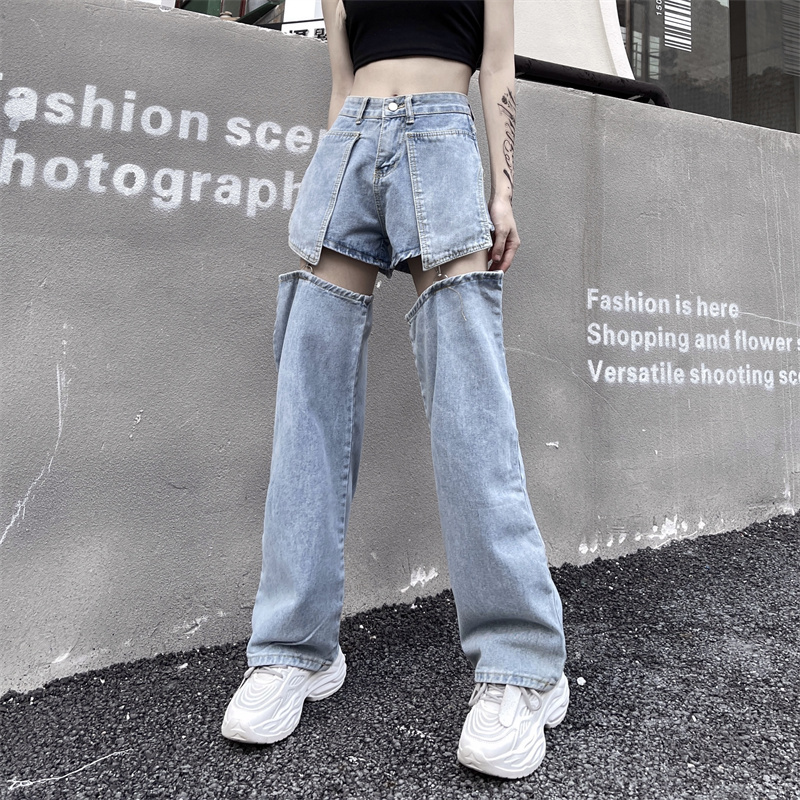 Designed to Be Worn in Two Ways, Detachable Denim Shorts for Women, New Spring and Autumn Style, High-Waisted, Slimming, Straight-Leg Pants, Loose Floor-Length Pants