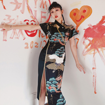 The Yellow Pussy Original Improved Qipao 2022 New spring Tour Longsong Pine Crane National Tide Teenage Printed Long Qipao