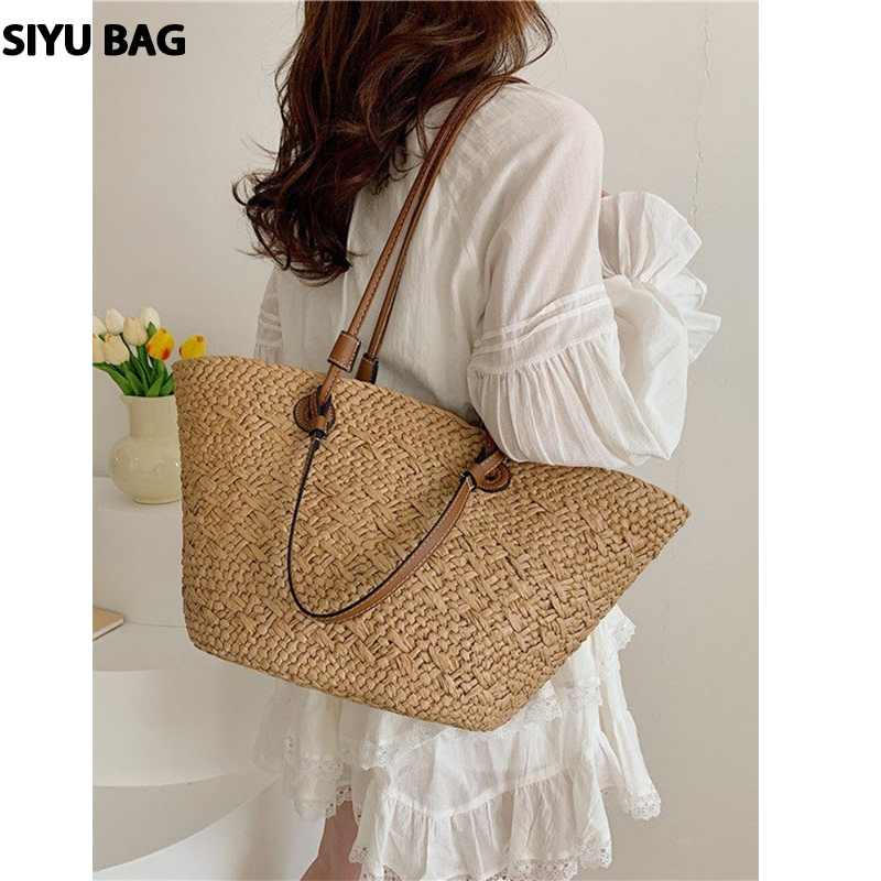 Luojia Same Style Unbranded Straw Bag Large Capacity Simple Handmade Woven Tote Shoulder Bag for Women Summer Beach