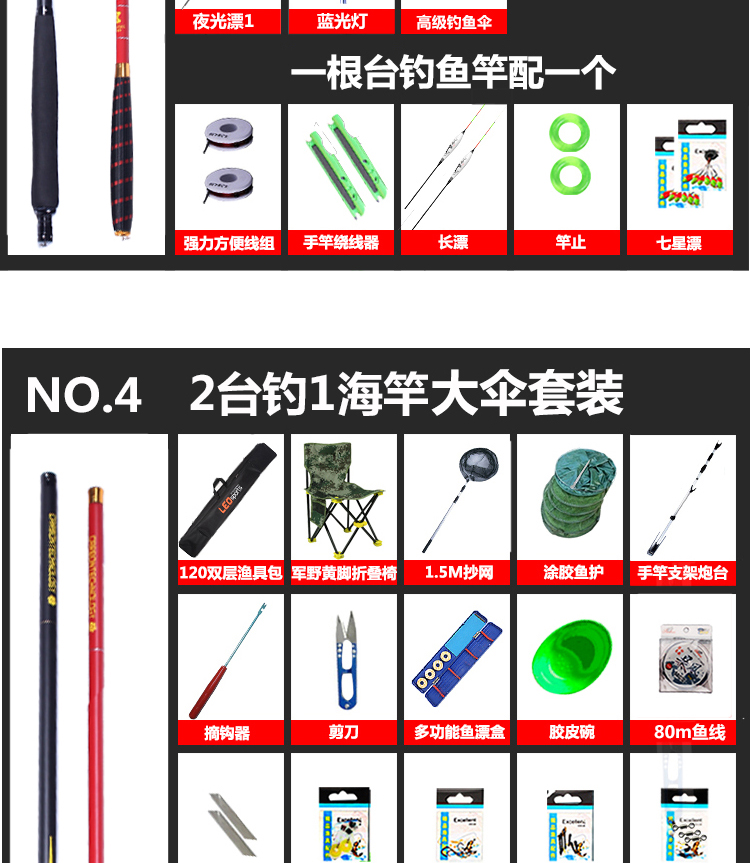 Thiết bị câu cá đêm 28 siêu cứng Đài Loan cần câu cá carbon bộ kết hợp đầy đủ bộ dụng cụ câu cá câu mực cần câu