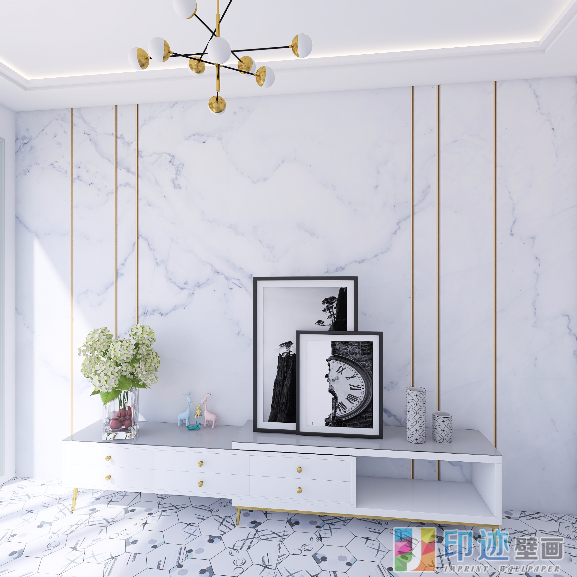 北欧轻奢电视背景墙纸客厅沙发大理石纹金边壁纸直播间工作室拍照