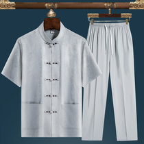 Summer middle-aged and elderly Tang suit mens short sleeve silk satin suit Chinese mulberry silk large size short sleeve father morning exercise suit