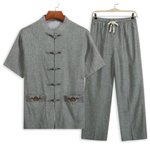Tang suit male middle-aged father summer short sleeve grandfather old man summer clothes father Hanfu linen jacket suit