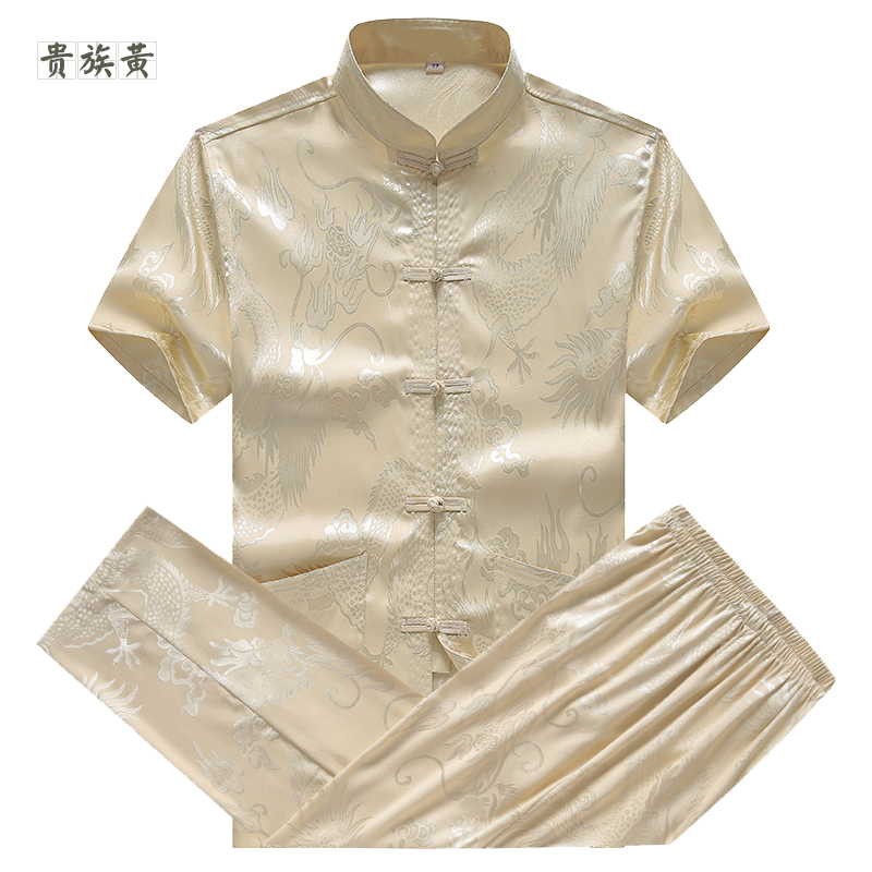 Silk Tang nam mùa hè ngắn tay trung niên trung niên cha váy dâu lụa cũ người đàn ông quần áo phù hợp với grandpa mùa hè