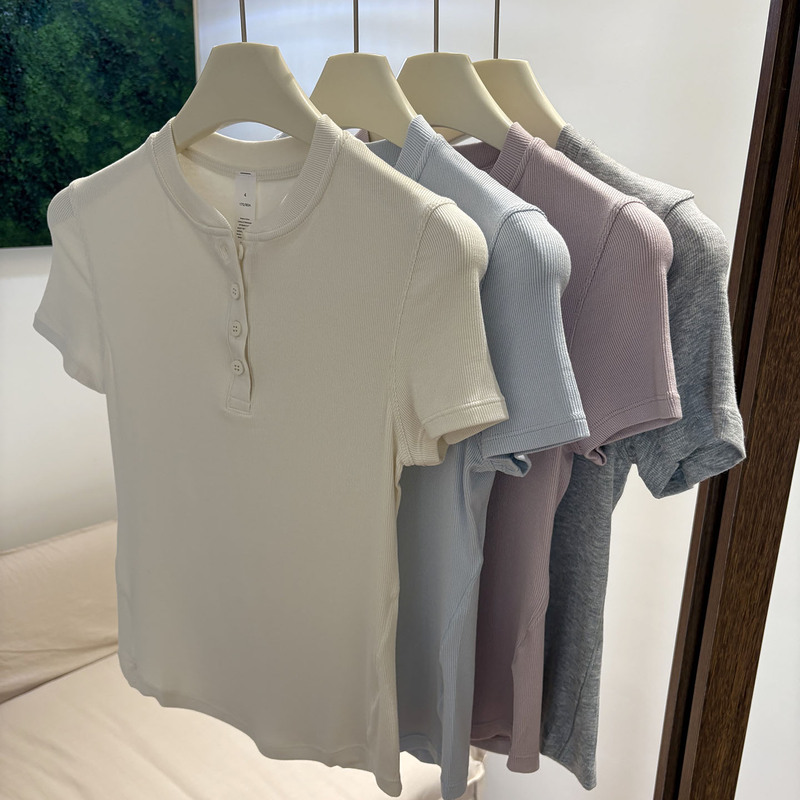 Classic Return~ Henry Shirt Sports Yoga Ribbed Modal T-Shirt Slim Fit Versatile Knit Short-Sleeve Base Layer Classic Return~ Henry Shirt Sports Yoga Ribbed Modal T-Shirt Slim Fit Versatile Knit Short-Sleeve Base Layer