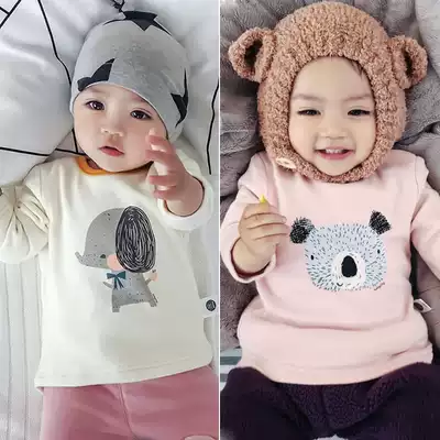 Baby plus velvet bottoming shirt winter thickened warm top 0-1-2 years old male and female baby newborn thickened T-shirt