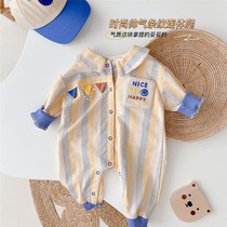 2021 Spring and Autumn New Mens Baby Korean Striped Long Sleeve Printing Ha Clothes Super cute Newborn Climbing Baby Jumpsuit