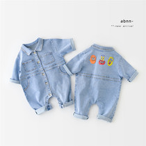 Baby cowboy new Korean ins jumpsuit baby cartoon denim jumpsuit Climbing jacket