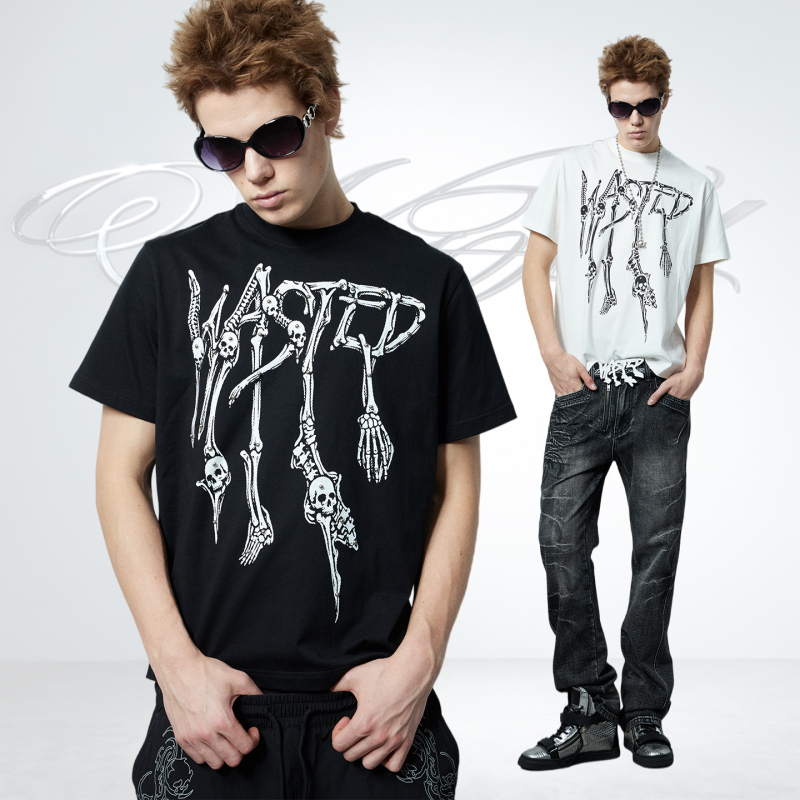Wasted, the God of Henan Rap, American-Style Punk Beaded Skull Print Drop-Shoulder Short-Sleeve T-Shirt