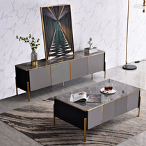 Italian bright light rock slab coffee table TV cabinet combination minimalist arc light luxury coffee table high-grade gray modern minimalist style