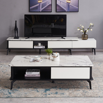 Rock slab marble TV cabinet coffee table combination modern simple minimalist living room home small apartment type telescopic floor cabinet