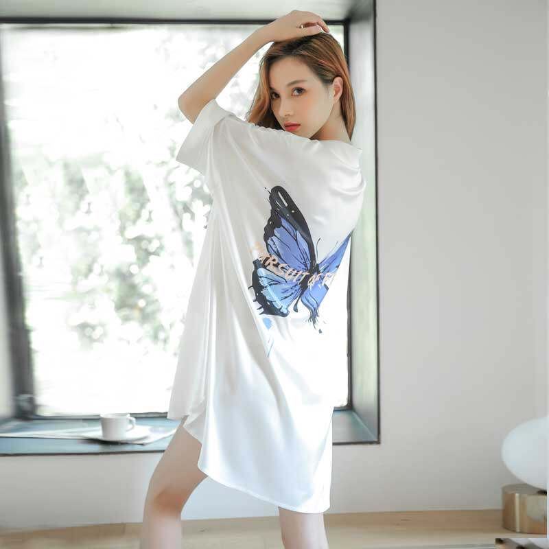 Nightdress women's summer thin loose sexy short-sleeved ice silk boyfriend style white shirt mid-length pajamas 2021 new
