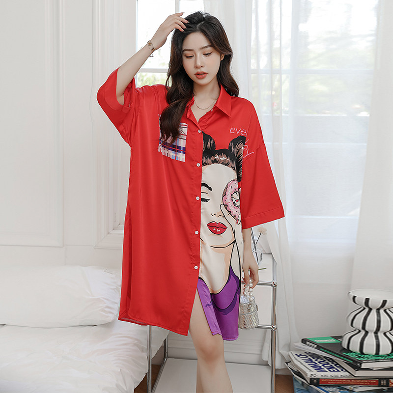 Shirt nightdress summer style 2022 new ice silk sexy silk pajamas female net red wind summer large size home clothes