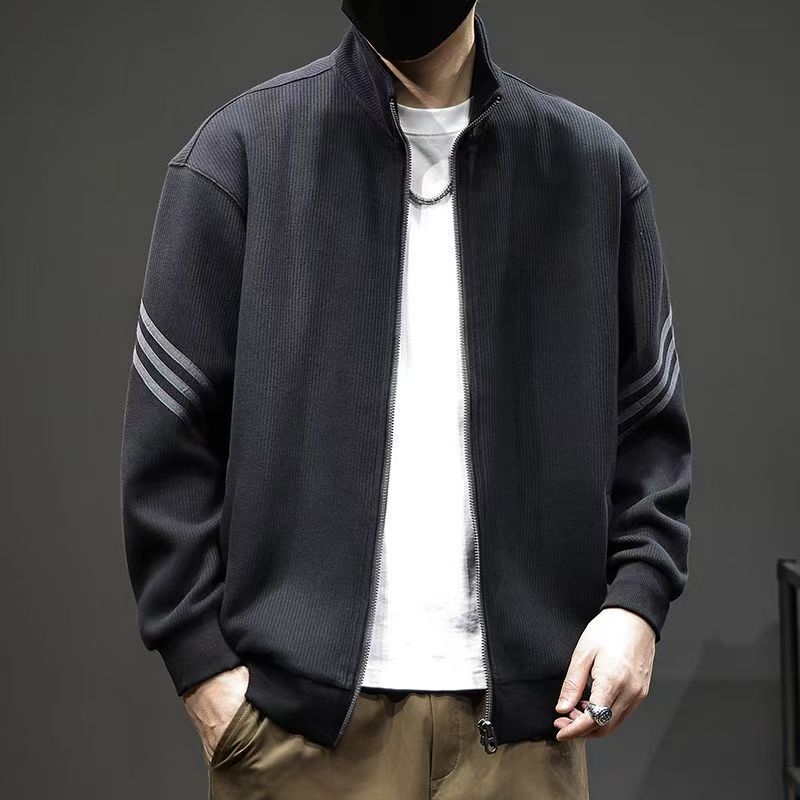 Men's Cardigan Jacket for Spring and Autumn with Stand Collar, Corduroy Striped Texture, and Thickened Fleece for Autumn and Winter, Loose Fit