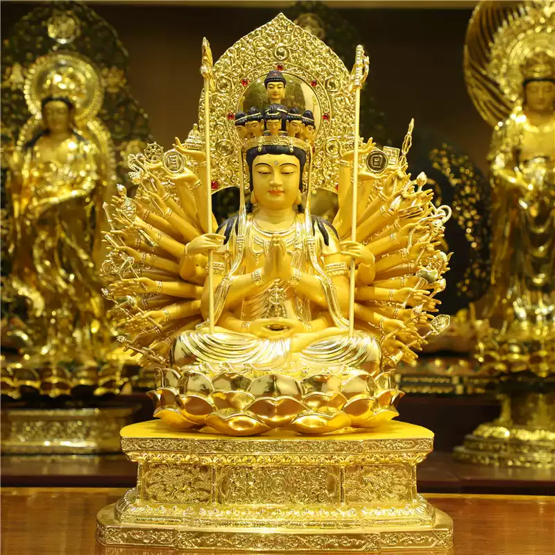 台湾贴金纯铜千手观音佛像家用供奉复古怀旧风格观音菩萨摆件门厅适用