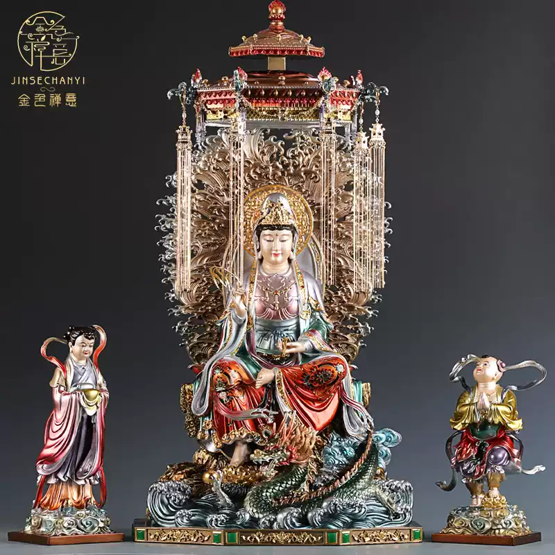 纯手工台湾珐瑯纯铜佛像复古观音菩萨骑龙像家用门厅摆件观音佛像金童