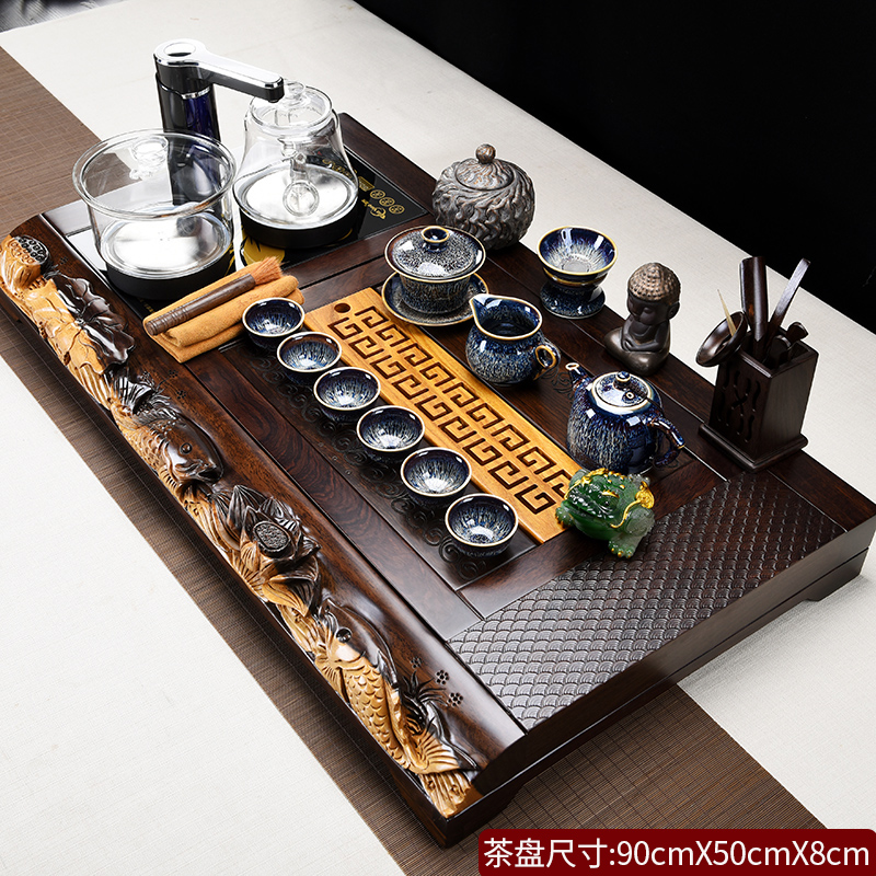 Ebony solid wood tea tray tea table side carving set complete set of kung fu tea set automatic kettle integrated household