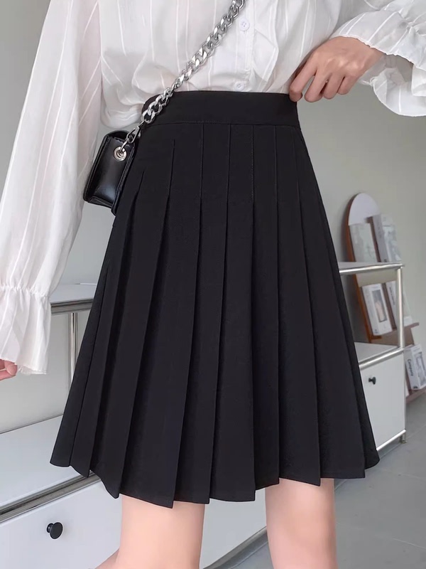 Black Extended Pleated Skirt for Women, Spring and Autumn, High-Waisted, Slimming, Short Skirt-Pants, Mid-Length, Tall, A-Line Skirt