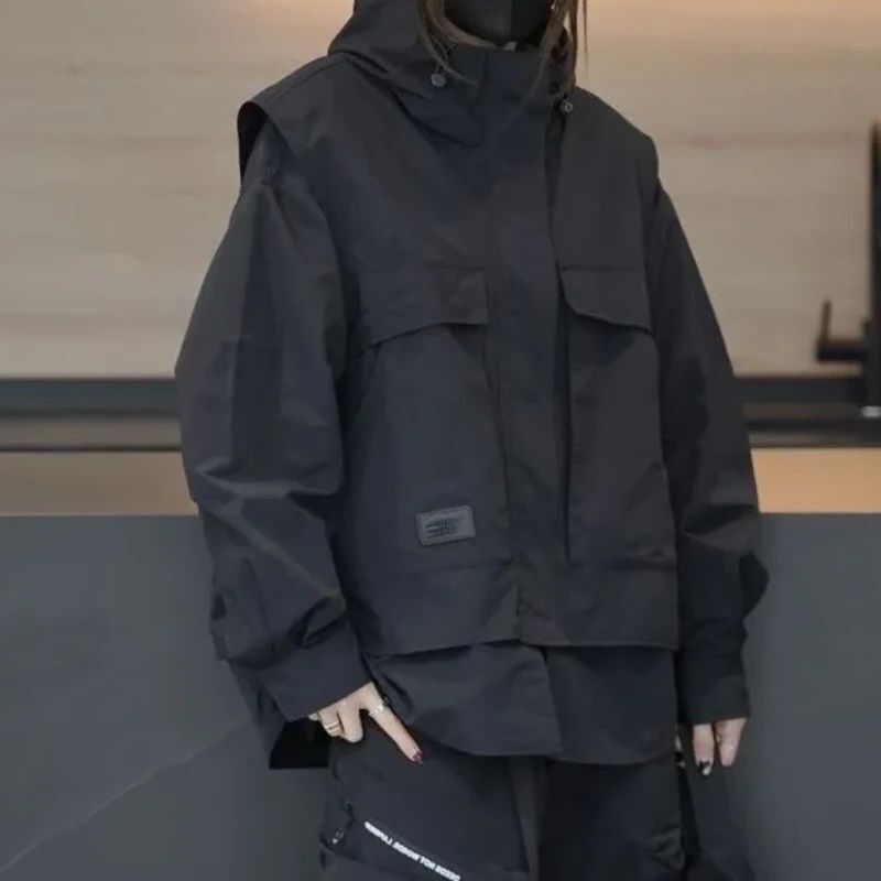 American-Style Trendy Workwear Patchwork Jacket 2025 Spring New Loose Casual Jacket with Hood Fake Two-Piece Coat