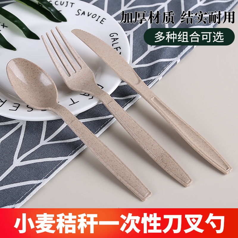 Disposable Individual Wheat Straw Cutlery Set for Outdoor Soup, Rice, Takeaway, Dessert, Party, Long-Handled Spoon, Salad Fork
