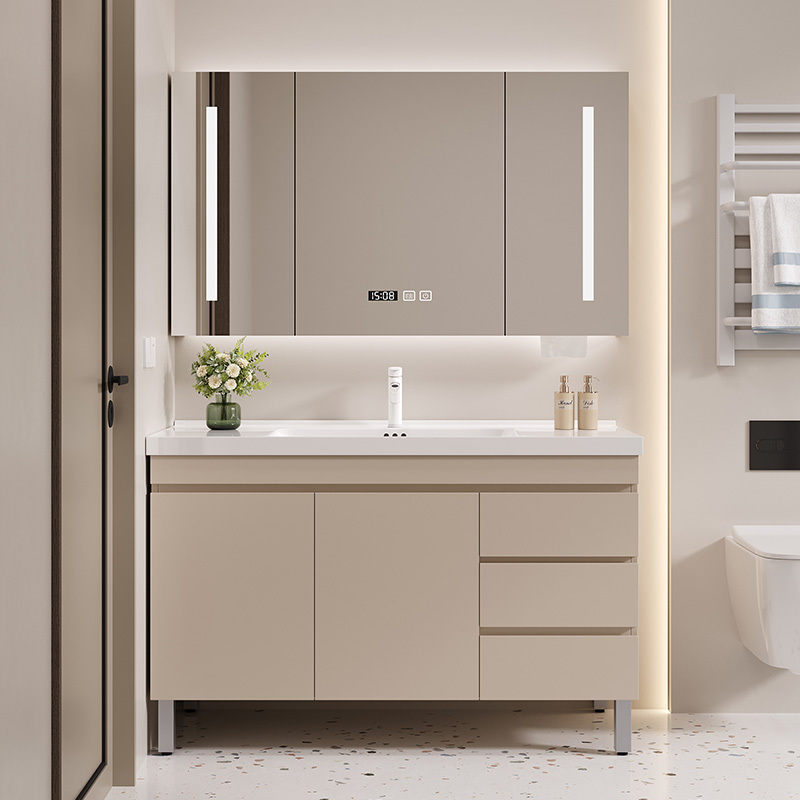 Cream-Style Multi-Layer Solid Wood Bathroom Cabinet Combination with Integrated Washbasin and Ceramic Basin Floor Cabinet Cream-Style Multi-Layer Solid Wood Bathroom Cabinet Combination with Integrated Washbasin and Ceramic Basin Floor Cabinet