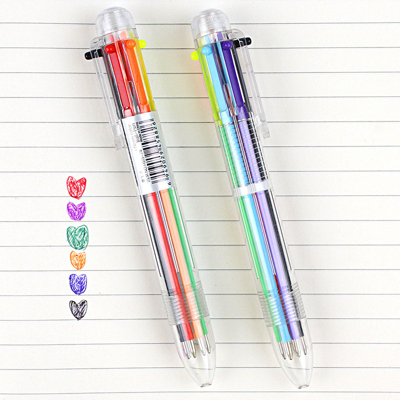 Transparent rod 6 color ball pen multi - color press pen multi - functional utility business stationery supplies student prize