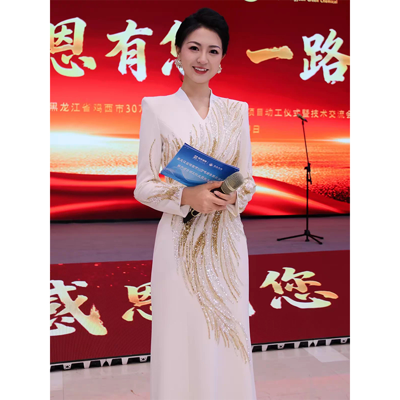 White Host Evening Dress High-End 2026 New Long-Sleeve Broadcasting Vocal Art Exam Solo Performance Costume