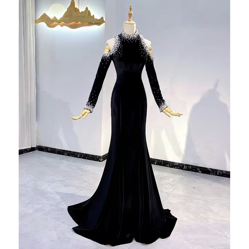 Black Fishtail Long-Sleeve Heavy-Duty Off-Shoulder Hostess Evening Dress for High-End Dignified and Elegant Vocal Arts Exam Runway Show